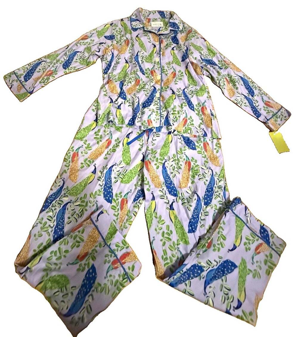 NWT THE CAT’S PAJAMAS Women’s 2pc 100% Cotton Woven Purple Peacock Print Size XL